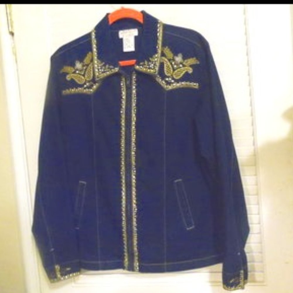 Victor Costa Blue Embellished Denim Jacket Size Large